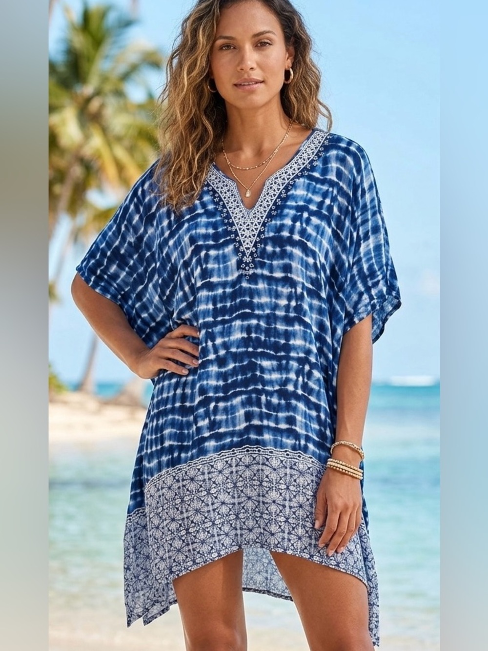Boho Indigo MOSS ROSE Tie-Dye V-Neck Tunic Top